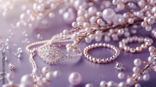 Elegant display of sparkling jewelry and accessories on a muted lavender backdrop, perfect for emphasizing luxury and charm