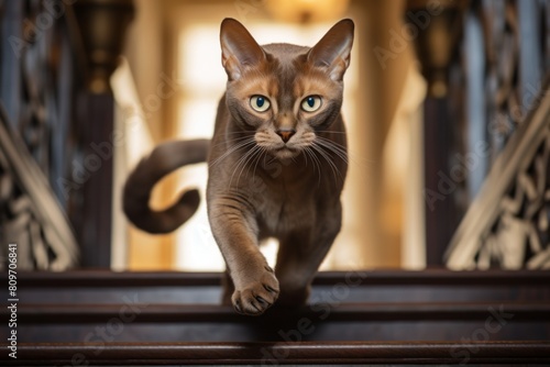Medium shot portrait photography of a curious burmese cat pouncing over decorative staircase