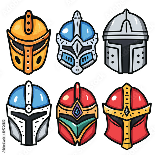 Set colorful medieval knight helmets cartoon style isolated white background. Bright fantasy armor headgear various designs game icons. Detailed knightly helms, vibrant colors, roleplaying game