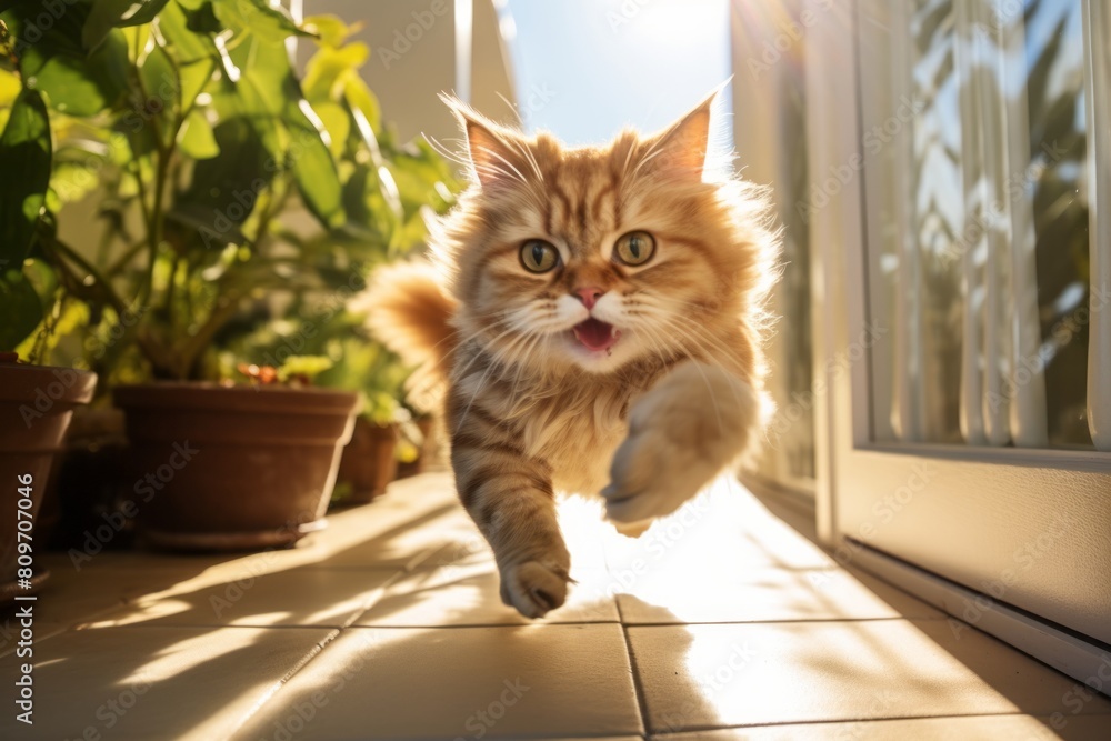 Environmental portrait photography of a happy persian cat running isolated in sunny balcony
