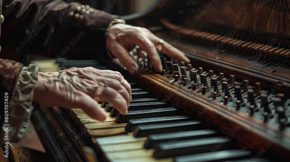 Editorial photography of a musician playing a harpsichord, highlighting the elegance and complexity of the instrument, suitable for a feature in a performing arts magazine