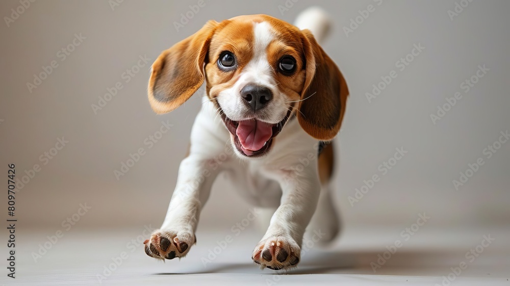 Editorial photography of a beagle in a playful stance, capturing its energetic and friendly nature, perfect for a pet care magazine