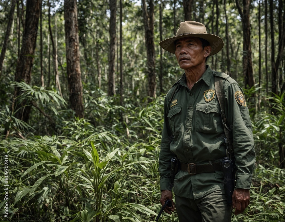 A forest ranger patrolling protected areas to prevent illegal logging and poaching activities that threaten plant biodiversity.