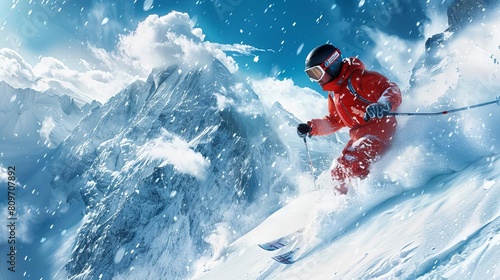 The adventure of alpine skiing, portrayed in editorial photography style, capturing the action and thrill against a breathtaking mountain backdrop for a sports magazine