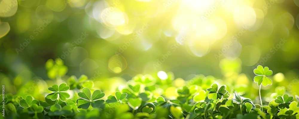 Green background with three-leaved shamrocks, Lucky Irish Four Leaf Clover in the Field for St. Patricks Day holiday symbol. Green background with three-leaved shamrocks, Lucky Irish Four Leaf Clover in the Field for St. Patricks Day holiday symbol.