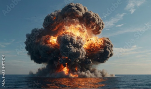 Bomb explosion in sea Fire and smoke on water. explosion bomb in ocean