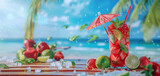 Strawberry mojito cocktail with beach background and summer elements such as straw umbrella or cocktail sticks and limes on wooden table.
