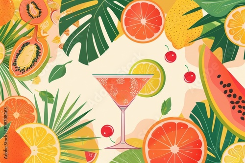 Bright summer illustration with fruits and cocktails