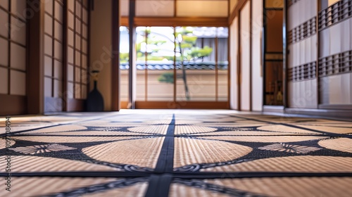 Traditional Japanese tatami room with serene garden view