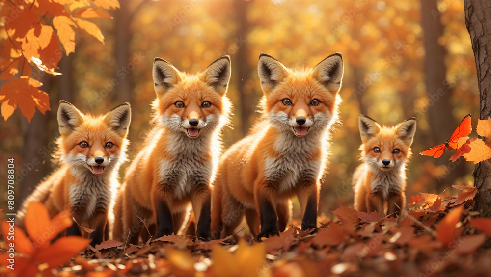  red foxes in a fall forest.