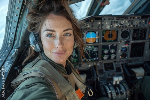 Attractive female pilot in a flight suit with a headset posing in a highly equipped cockpit
