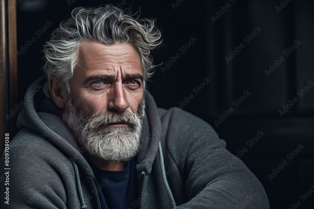 Obraz premium Close-up of a thoughtful elder man with silver hair, looking away