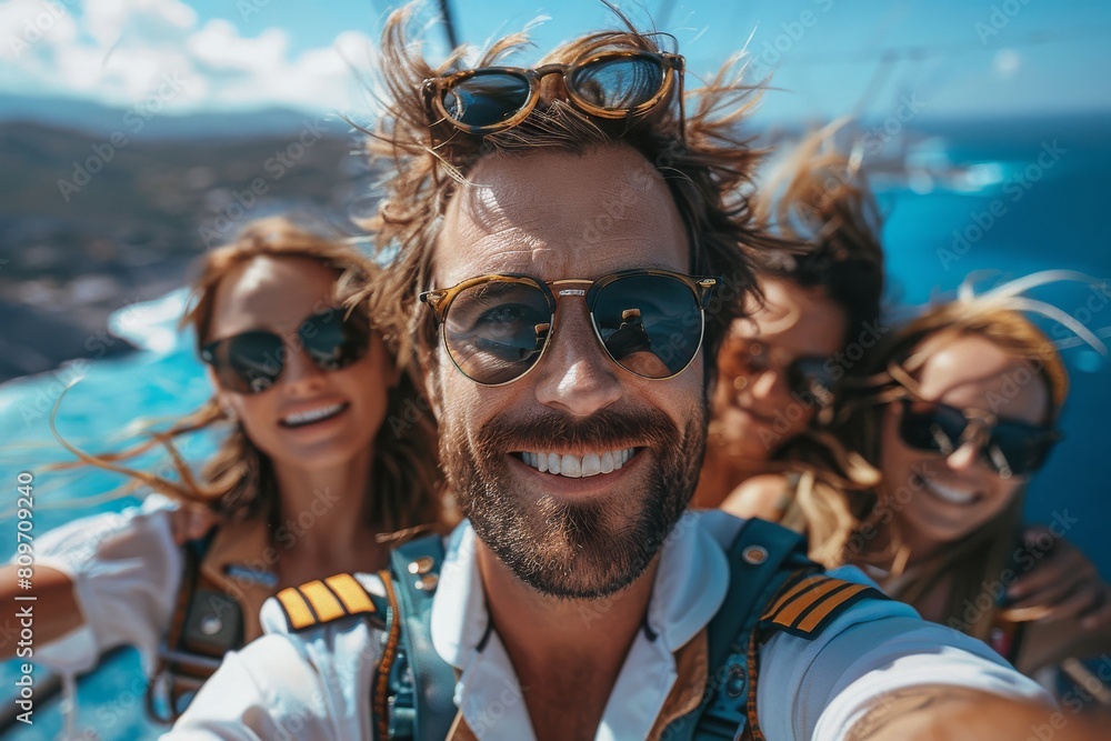 Group selfie of enthusiastic pilots with sunglasses enjoying a flight, highlighting camaraderie and leisure Group selfie of enthusiastic pilots with sunglasses enjoying a flight, highlighting camaraderie and leisure