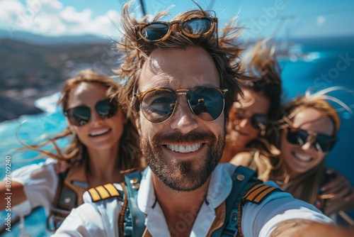 Group selfie of enthusiastic pilots with sunglasses enjoying a flight, highlighting camaraderie and leisure