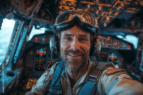 A cheerful male pilot with a helmet and headset inside the cockpit of an aircraft, smiling at the camera