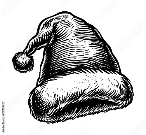 santa hat engraving black and white outline