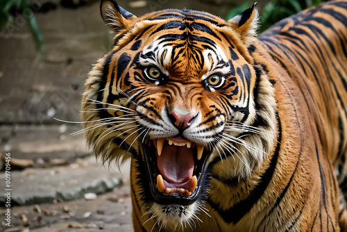 Angry tiger,Sumatran tiger (Panthera tigris sumatrae) beautiful animal and his portrait photo