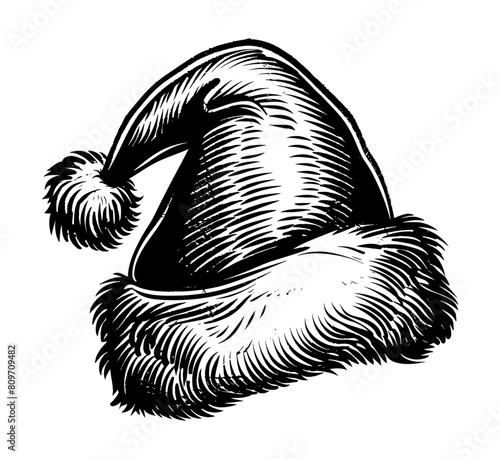 santa hat engraving black and white outline
