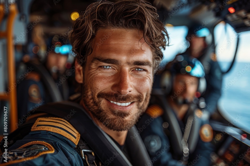 A pilot with a beaming smile in naval uniform, with a blurry crew in the background of the cockpit