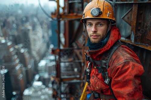 A male construction worker in safety gear stands on a high-rise building scaffolding, overlooking a cityscape with a thoughtful expression photo