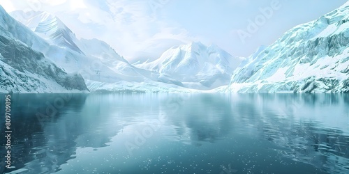 Snow covered mountains, icy lake, arctic landscape, deep cold water, scenic panorama, glacier winter reflection, blue skies.