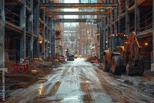 Muddy and chaotic, this urban construction site bustles with machinery and vehicles amidst a web of scaffolding photo