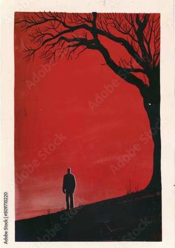 Silhouette of a Man Under a Tree at Dusk