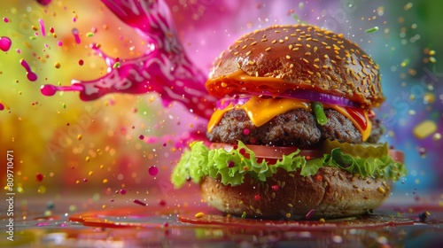 Spinning burger against a background of abstract color splashes