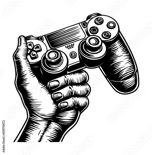 hand holding controller engraving black and white outline