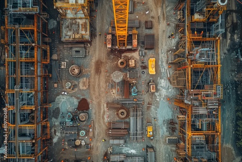 Top-down view capturing the intricate details of machineries and structures at a busy construction site