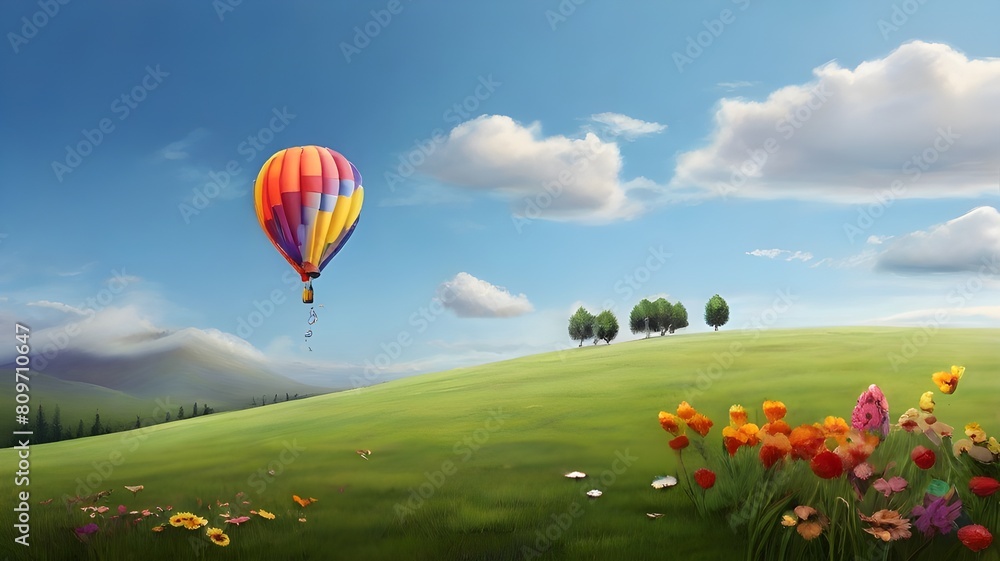 Obraz premium : A colorful balloon bouquet floating above a green meadow, adding a touch of whimsy to the scenery