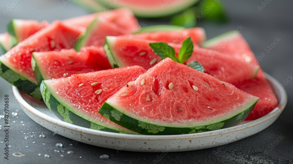 summertime refreshment, close-up shot of refreshing watermelon slices on a plate, perfect for staying hydrated and enjoying the summer