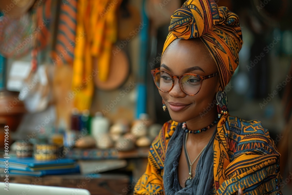 Stylish African woman with glasses wearing a traditional headwrap using a laptop in an artsy setting