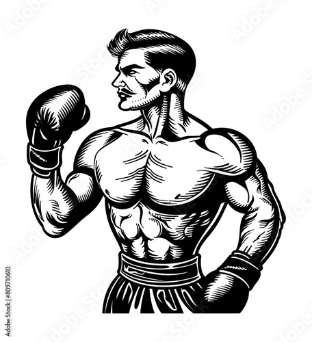 retro boxer man engraving black and white outline