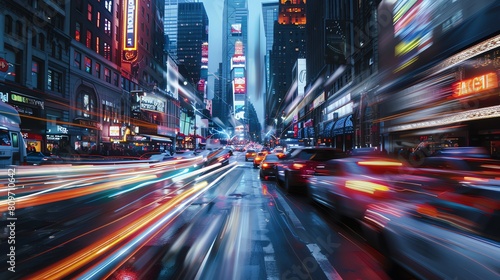 City street with blurred lights of cars and buildings at night.