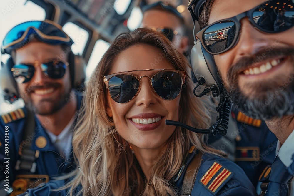 Close-up portrait of a female pilot with headset and sunglasses, showing confidence and professionalism in aviation Close-up portrait of a female pilot with headset and sunglasses, showing confidence and professionalism in aviation