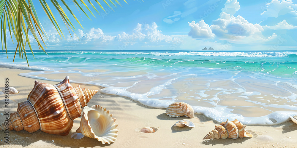 Landscape with seashells on tropical beach - summer holiday illustration Landscape with seashells on tropical beach - summer holiday illustration