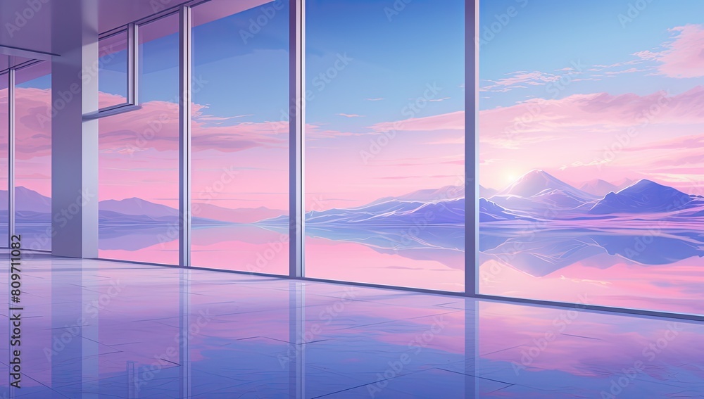 Fototapeta premium Tranquil Vista: Expansive Glass Window Frames Stunning Ocean and Mountain Views Against a Soft Pink Sky