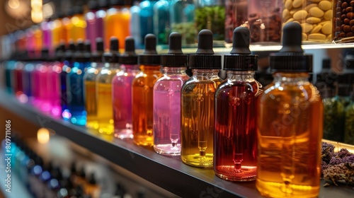 display of vibrant cannabis oil bottles, representing alternative medicine with empty space for text