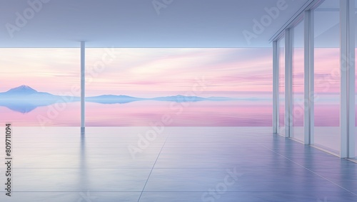 Tranquil Vista: Expansive Glass Window Frames Stunning Ocean and Mountain Views Against a Soft Pink Sky © Murda