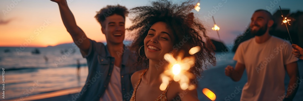 A group of young adults enjoy a beach party at twilight with sparklers lighting up their smiles