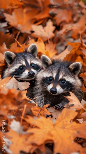 Spunky baby raccoons playing hide-and-seek among fallen leaves © Cloudyew