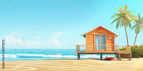 Holiday house on the beach. Wooden house with boards for wind serfing on a sand beach. Summer vacation concept