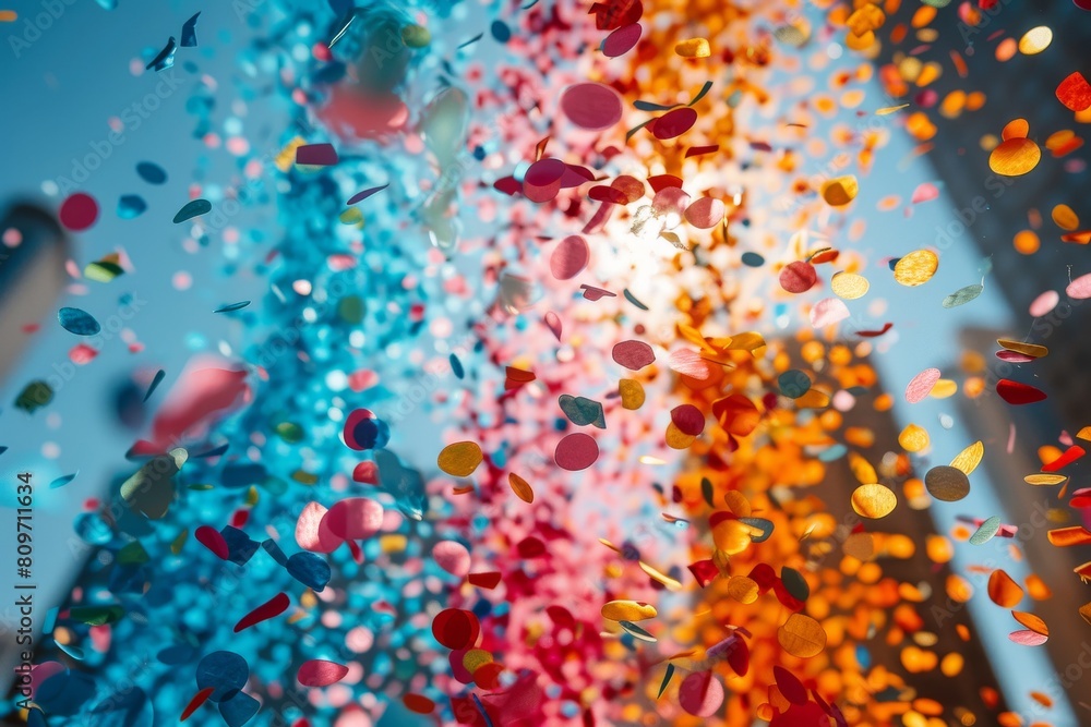 A mesmerizing close-up picture of scattered confetti pieces flying through the air against a clear blue sky