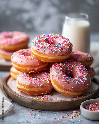 Plate of yummy vanilla cake donuts with pink icing and sprinkles, glass of milk, grey background © Olivia