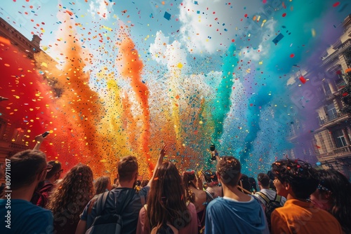 The image shows a dynamic crowd celebrating under a burst of colorful confetti in a city festival atmosphere with blurred faces