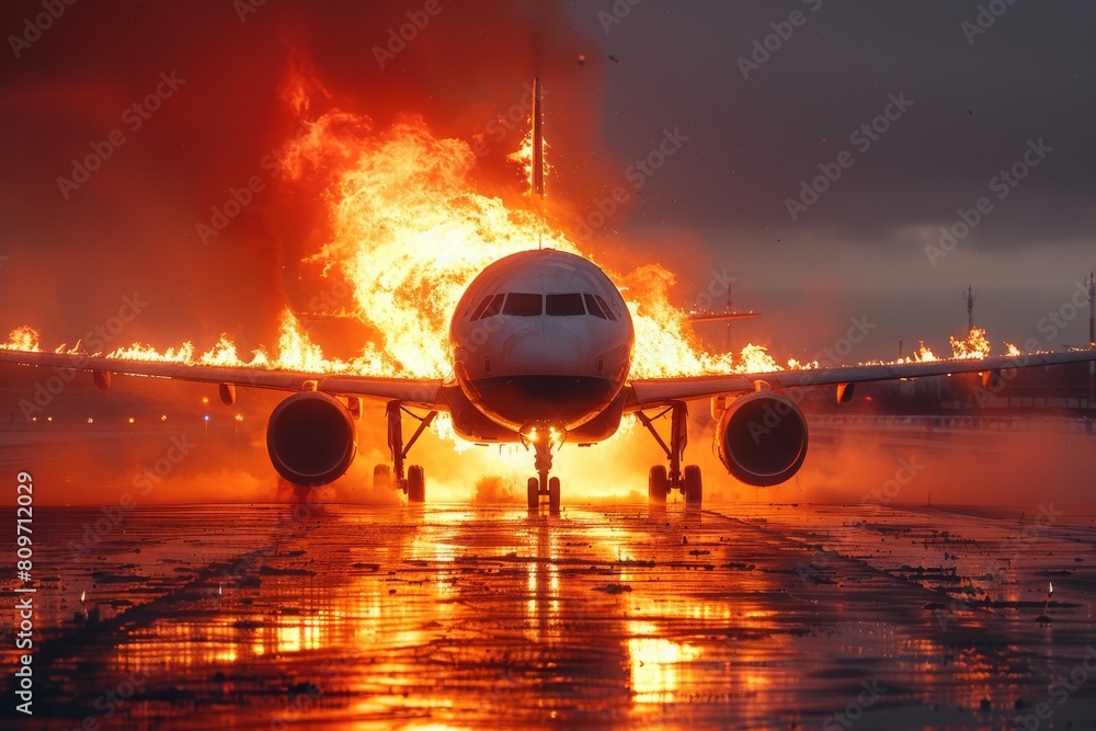 An airplane is seen against a blazing backdrop, conveying a feeling of an intense situation possibly due to an emergency or disaster