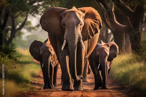 Enchanting scene of a mother elephant leading her calves along a serene forest trail at dawn © juliars