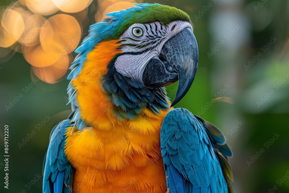 Vibrant and detailed close-up showcasing the mesmerizing colors and patterns of a macaw's feathers and its intense gaze