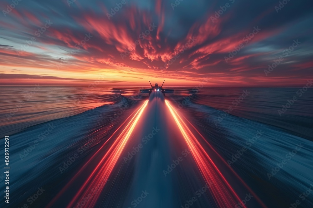 Dynamic image of a speeding boat leaving luminous trails on the ocean under a fiery sunset sky, symbolizing motion and travel